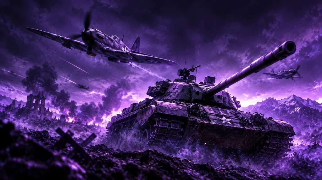 Cinematic War Thunder battlefield with a tank in the foreground, fighter planes overhead, and purple-lit ruins and mountains in the distance.