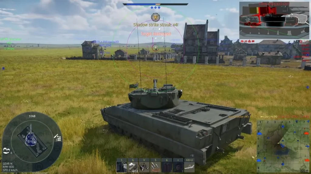 Third-person tank view with green and purple aimbot circles and vehicle ESP distance labels on enemy armor.